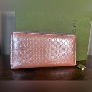 Authentic Gucci Metallic Rose Pink GG Embossed Zip Wallet